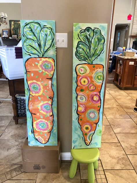 Carrot Painting Acrylic, Diy Easter Paintings On Canvas, Spring Paint Party Ideas, Easter Porch Leaner, Easter Acrylics, Easter Painting Ideas On Canvas, Easter Board Signs, Easter Porch Signs, Painted Carrots