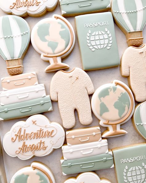 Adventure awaits!! I love making baby cookies!!! #babyshowercookies #babyshower #adventureawaits #decoratedcookies #royalicingcookies #busybeesweet #longbeach Adventure Awaits Baby Shower Cookies, Baby Hunter, Vintage Travel Themes, Adventure Awaits Baby Shower, Travel Baby Shower Theme, Adventure Baby Shower, Adventure World, Shower Cookies, Baby Cookies