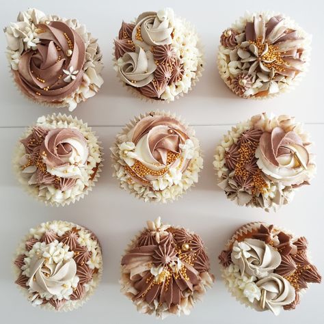 Elegant Cupcake Designs Gold, Boho Style Cupcakes, Boho Chic Cupcakes, Shades Of Brown Cupcakes, Boho Theme Cupcakes, Boho Wedding Cupcakes, Neutral Cupcakes, Boho Cupcakes, Eid Desserts