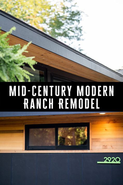 Brick And Batten Mid Century Modern, Mid Century Modern Raised Ranch, Mid Century Modern Garage Doors Exterior Design, Mid Century Modern Front Of House, Ranch To Mid Century Modern, Dark Gray Mid Century Modern Exterior, Mid Century Modern House Exterior Ranch Style Front Porches, Mid Century Modern Railing Exterior, Mid Century Garage Door Ideas