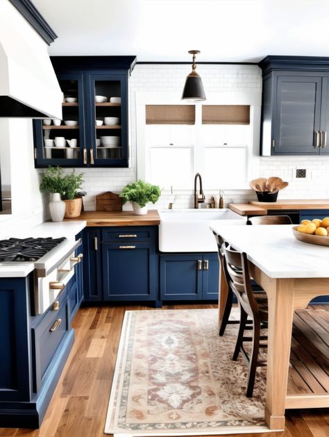 Kitchen White And Blue Cabinets, Blue White Wood Kitchen, Navy Blue White Kitchen, Blue Cabinets White Countertops, Blue Accent Kitchen, Blue And White Kitchen Ideas, Navy Blue And White Kitchen, Aesthetic Kitchen Ideas, Navy And White Kitchen