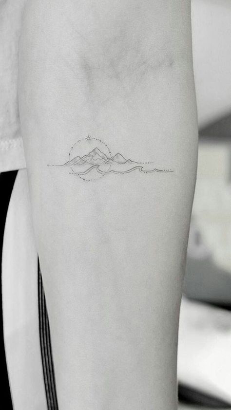 Woods And Ocean Tattoo, Contrast Tattoo Negative Space, Mountain And Sea Tattoo Simple, Mountain To Sea Tattoo, Bluebird In My Heart Tattoo, Delicate Mountain Tattoo, Montain Tattoo Designs, Tattoo Ideas Mountains, Mountain Wave Tattoo