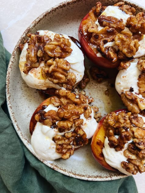 Cinnamon Grilled Nectarines With Whipped Ricotta And Toasted Walnuts - Liv Kaplan | Healthy Recipes Nectarine Dessert, Grilled Nectarines, Walnut Whip, Nectarine Recipes, Whipped Ricotta, Grilled Peaches, Toasted Walnuts, Lou Lou, Most Popular Recipes