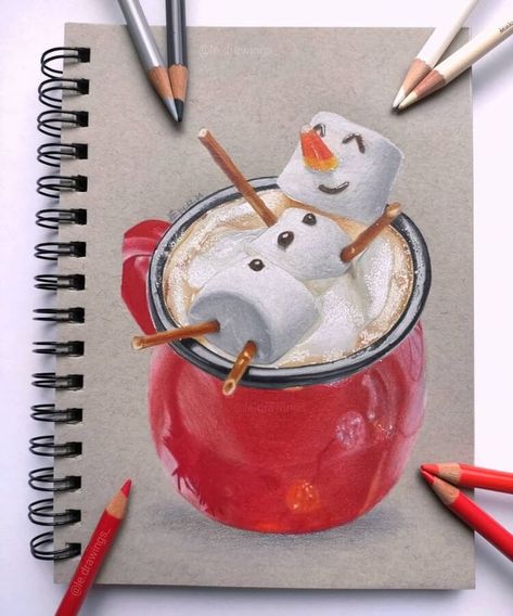 color Pencil Drawing. Christmas Art Colored Pencil, Colored Pencil Drawing Christmas, Hot Chocolate Sketch, Color Pencil Drawing Reference, Christmas Coloured Pencil Drawings, Color Pencil Christmas Drawings, Christmas Prismacolor Drawing, Christmas Art References, Draw Hot Chocolate