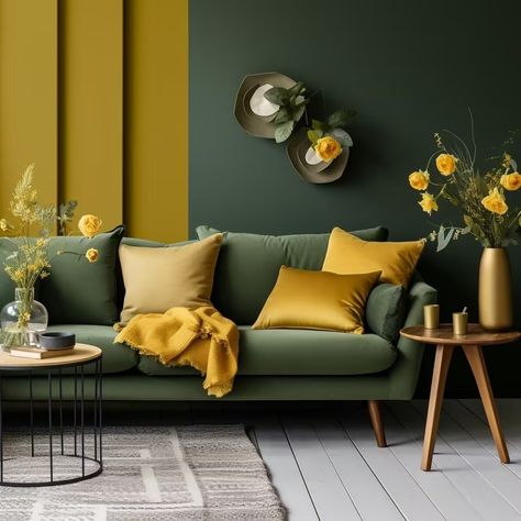 Living Room With Green Sofa, Green And Yellow Combination, Colour Pop Interior, Mustard Living Rooms, Sage Living Room, Yellow Combination, Dark Green Living Room, Future Living Room, African House