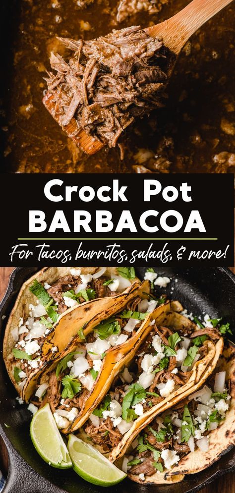 Top: Wooden spoon scooping shredded barbacoa beef out of a slow cooker. Bottom: Cast iron skillet filled with four corn tortilla tacos stuffed with barbacoa, cilantro, chopped onion, and queso fresca cheese crumbles. Beef Tips Tacos, Beef Recipes For Dinner Crockpot Meals, Mexican Beef In Crockpot, Crock Pot Meat For Tacos, Barbacoa Slow Cooker Recipe, Crockpot Get Together, Crock Pot Tacos Shredded Beef, Barbacoa Crock Pot Chicken, Chuck Roast Taco Crock Pot Recipes