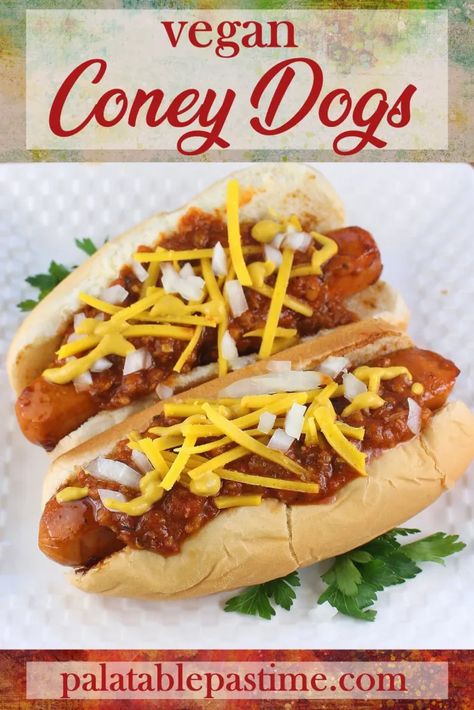 Vegan Coney Dog, Veggie Hotdogs, Springtime Appetizers, Coney Dogs, Grilled Vegetable Sandwich, Meatless Chili, Vegan Hot Dog, Vegan Cheddar Cheese, Coney Dog