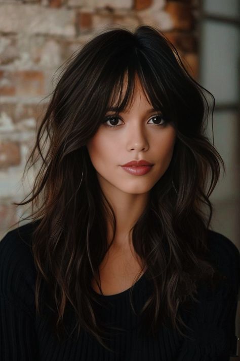 Haircuts For Long Hair Fringe, Long Hair Subtle Bangs, Long Bob Haircuts Dark Hair, Fringe Hairstyles Brunettes, Haircuts For Long Hair Wispy Bangs, Chunky Layers With Bangs, Dark Hair With Fringe Bangs, Long Hair Layered With Curtain Bangs, Medium Hair Layered With Bangs