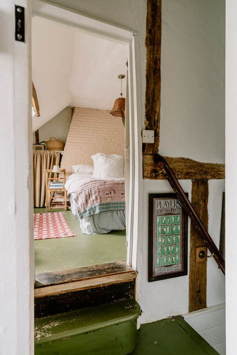 A Charming English Cottage with Color Accents 19 Folk Cottage, English Cottage Basement, Folk Cottage Interior, 1930s Cottage Interior, Cottage Beams, Nap Cottage, Storybook House Interior, Historic Cottage, Thatched Cottage Interior