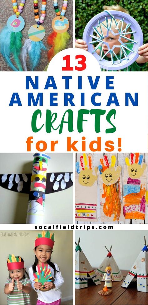 Are you learning about Native American History?  When learning about Native American Indians, children love making Indian arts and crafts.  To go along with your lesson plan, check out this list of 13 Native American Craft for Kids which includes Indian headbands, necklaces, teepees, handprints and more. #nativeamerican #indiancraft #indiancrafts #pilgrimcraft #pilgrimcrafts #thanksgivingcraft #thanksgivingcrafts #kidscraft #historylesson Preschool Native American Crafts, Indigenous Day Activities For Kids, Native American Crafts For Preschoolers, Kindergarten Native American Crafts, Native American Activities For Preschool, Puerto Rico Crafts For Preschool, Diy Native American Headband, Native American Crafts Preschool, Indigenous Peoples Day Crafts For Kids