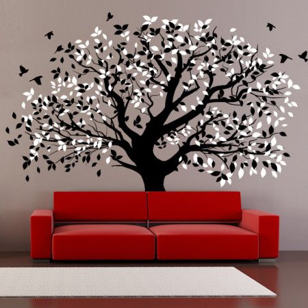 Stylish Wall Decal with Tree and Birds - Wall Stickers from www.cutzz.com Wall Art Tree Design, Tree Murals On Wall, Wall Tree Painting, Tree Design On Wall, Sree Ram, Wall Stickers Family, Outdoor Mural, Tree Wall Painting, Family Tree Wall Decor