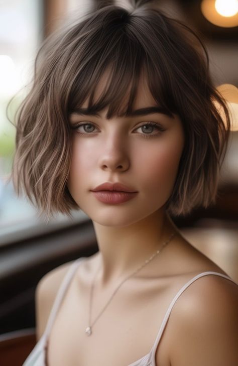 35 French Bob Haircuts : Textured French Bob with Straight Bangs Chin Length French Bob, Messy French Bob, Bob With Straight Bangs, Haircut Ideas Brown Hair, Short Wavy Haircuts, Ideas Haircut, Hair Dye Ideas, French Bob, Hairstyle Short