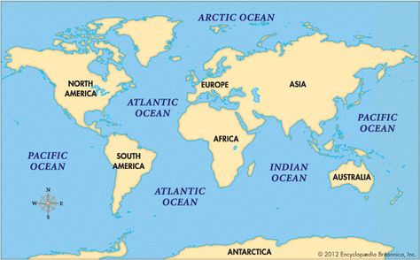 Map/Still:The four major oceans cover most of Earth's surface. World Oceans And Seas Map, World Map Continents And Oceans, The Map Of The World, Continents And Oceans Printables Free, Indian Ocean Map, World Map With Continents, How To Draw Ocean, Oceans Map, Draw Ocean