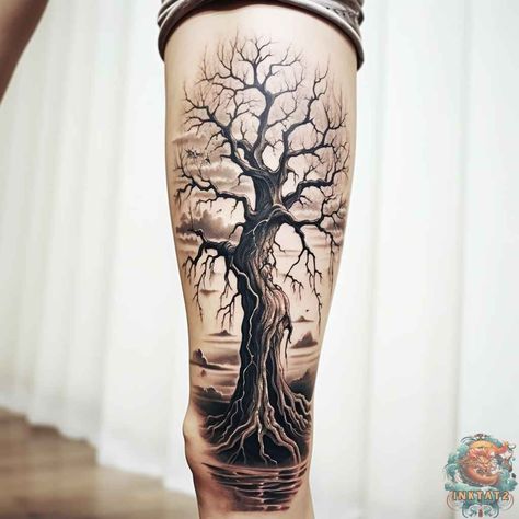 The Fascinating World of Tree Leg Tattoos – 50 Designs - inktat2.com Gnarled Tree Tattoo, Tree Of Life Arm Tattoo Men, Tree Men Tattoo, Tree On Forearm Tattoo, Mystical Tree Tattoo, Tree Of Life Leg Tattoo, Forearm Tree Tattoo For Men, Thigh Tree Tattoo, Tattoo Leg Sleeve Designs