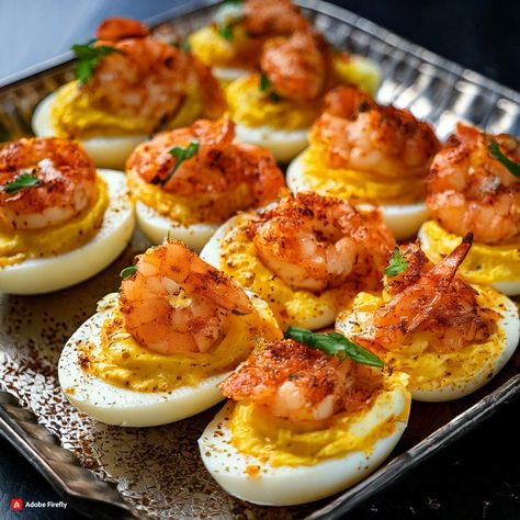 Deviled Eggs With Shrimp On Top, Deviled Eggs With Capers, Seafood Deviled Eggs Crab Meat, Deviled Eggs Presentation, Seafood Christmas Appetizers, Shrimp Party Food, Elevated Deviled Eggs, Shrimp Deviled Eggs Recipes, Seafood Dinner Party Menu Ideas