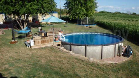 Half Pool Deck Ideas, Pool Deck On Hillside, Sloped Backyard Landscaping With Pool, Hillside Pool Ideas, Above Ground Pool Deck Ideas Sloped Yard, Above Ground Pool On Hill, Partial Above Ground Pool Deck Ideas, Hillside Above Ground Pool, Above Ground Pool Hillside