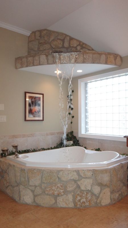 master Bath Stone waterfall feature fills the Bubble jet Tub from above! Whirlpool Tub, Dream Bathrooms, Bath Tub, House Goals, Dream Rooms, Beautiful Bathrooms, Design Case, Ranch House, Home Fashion