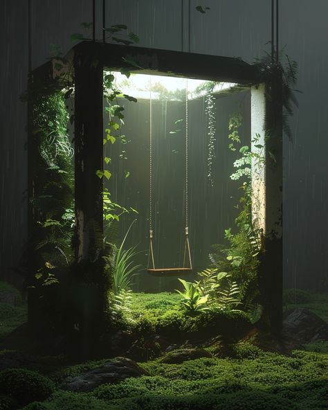 Magical or creepy?⁠ ⁠ ⁠ An open square box with plants and moss on the sides, inside there is an illuminated swing hanging from above, illuminated plants, grassy ground, volumetric light, dark background, rendered in the style of octane, hyper realistic. --ar 35:44 --v 6.0⁠ ⁠ ⁠ ⁠ ⁠ #thisisnotreal#aiphoto #aiphotography #promptphotography #artist #artistsoninstagram #photography #digitalart #art #scifiartwork #dnd5e #dystopian #fantasy #surreal #ethereal #magical #foliage Fantasy Installation, Surreal Art Ideas, Plant Installation Art, Light In Architecture, Green Installation Art, Lighting Exhibition, Overgrown Sculpture, Moss Floral Installation, Hanging Plant Ideas