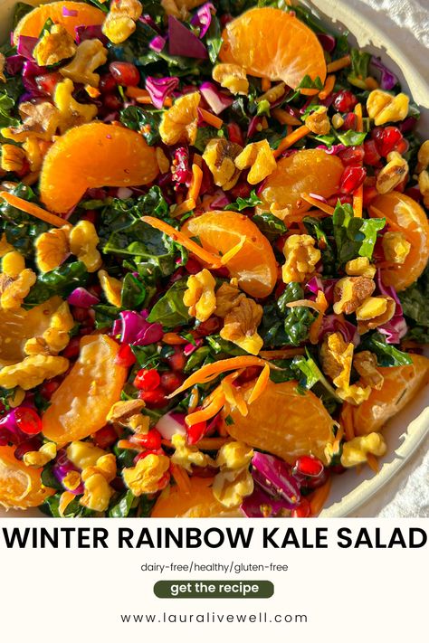 Rainbow Winter Kale Salad Rainbow Meals Healthy Recipes, Winter Salad Recipes Healthy, Winter Kale Salad, Winter Salad Recipes, Breakfast In A Jar, Orange Vinaigrette, Rainbow Salad, Citrus Dressing, Salads Recipes