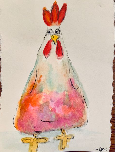 Quirky Watercolor Paintings, Abstract Chicken Art, Easy Abstract Watercolor Paintings, Watercolor Chickens Easy, Watercolor Chicken, Greeting Card Art, Whimsical Art Paintings, Art Trading Cards, Chicken Painting