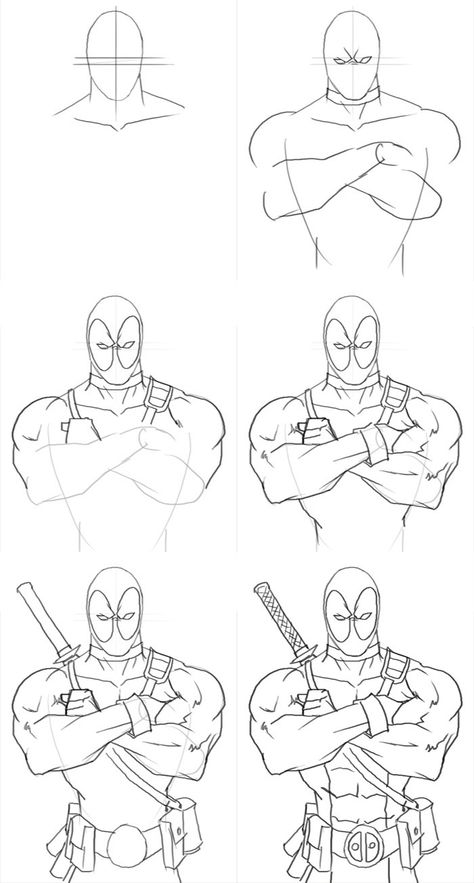 How to draw Deadpool How To Draw Deadpool, Drawing Superheroes Sketches, Deadpool Drawing Sketches, Sketches Cartoon, Deadpool Figure, Deadpool Drawing, Marvel Art Drawings, Drawing Superheroes, Draw Manga