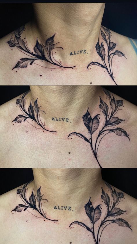 Leaves Chest Tattoo, Vine Neck Tattoo, Holly Tattoo, Branch Tattoo, Botanical Tattoo, Design Tattoo, Chest Tattoo, Tattoo Inspo, Neck Tattoo