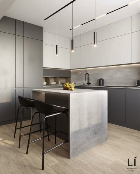 Grey Interior Design Kitchen, Modern Grey Kitchen, Light Grey Kitchens, Grey Kitchen Island, Open Kitchen And Living Room, Condo Kitchen, Minimalist Kitchen Design, Kitchen Backsplash Designs, Modern Kitchen Island