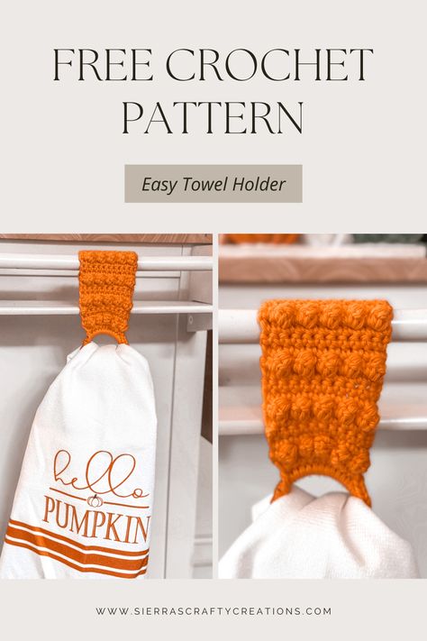 How to Crochet a Towel Holder with a Hair Elastic – Free Crochet Pattern - Sierra's Crafty Creations How To Crochet Towel Topper, Crochet Kitchen Towel Holder Ring, Crocheted Crochet Hook Holder, Crochet Kitchen Towel Holder Pattern Free, Crochet Oven Towel, Crochet Towel Holders Kitchen Towels, Dish Towel Holder Crochet, Crochet Kitchen Towel Toppers Free Pattern, Crochet Kitchen Towel Holder Pattern