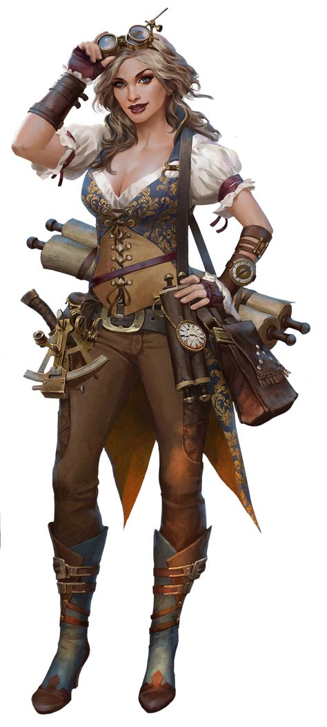 Dnd Charlatan, Dnd Cartographer, Tinkerer Character Design, Dnd Tinkerer, Inventor Rpg, Steampunk Tinkerer, Cartographer Character, Treasure Hunter Character Design, Fantasy Engineer