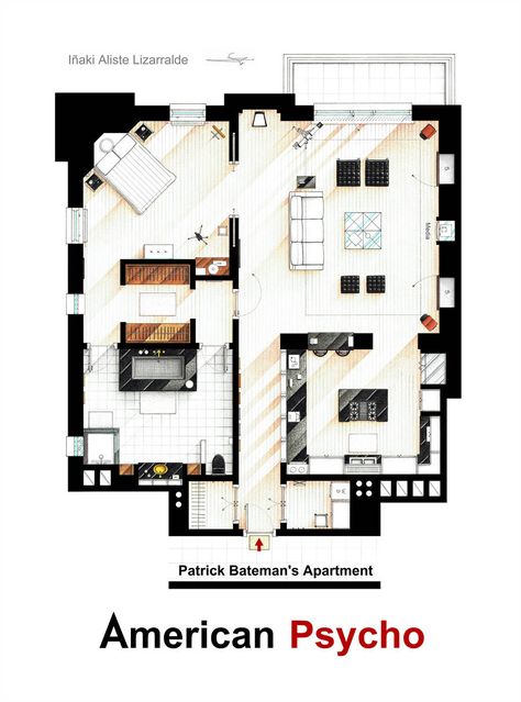 Patrick Bateman's apartment from AMERICAN PSYCHO by nikneuk Movie Apartments, Real Apartment, Handmade Drawing, Apartment Floor Plans, Apartment Layout, Office Layout, Sims 4 Houses, Sims House, House Flooring