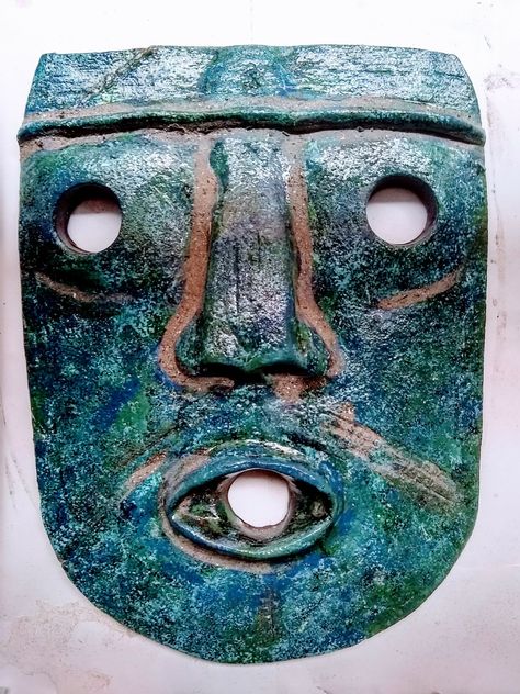 A beautiful Ancient Celtic Blue Stone Mask Origin: Scotland. Age: 1000 + Celtic Mask, Ancient Mask, Traditional Mask, Corpus Callosum, Celtic Clothing, Celtic Gods, Ancient Celts, Hag Stones, Fantasy Concept