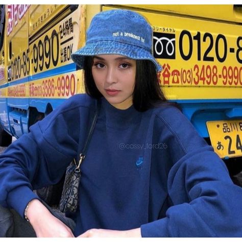 Blue -edited only- Kathryn Bernardo 🌟 Kathryn Bernardo Aesthetic, Blue Bucket Hat Outfit, Hip Hop Outfit, Skater Girl Outfits Grunge, Bucket Hat Outfit, Blue Bucket Hat, Plain Jacket, Mens Hats Fashion, Hat Outfit