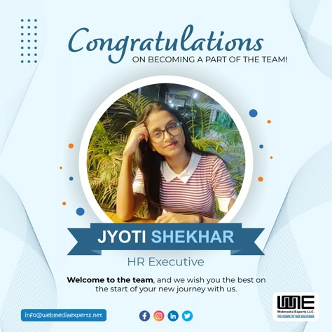 Meet the fresh face in our team, Jyoti Shekhar, HR Executive. Here’s hoping that you have a great journey with us. Congratulations to you🎉. . . . #webmediaexperts #webdevelopment #growingteam #newbeginnings #welcomeonboard #welcometotheteam #employeeonboarding #newmember #teamexpansion #teamgrowth #newhires #companyculture #teamwork #jointheteam #newteammember #newteammembers #welcomeonboard #WelcomeOnBoard #congratulation #Congratulations New Joiner Welcome Poster, Congratulations Poster Ideas, Congratulations Banner Design, Congratulations Social Media Post, Employee Welcome Post, Congratulations Poster Design Ideas, Welcome To The Team Poster, Congratulations Pubmat, Work Anniversary Post