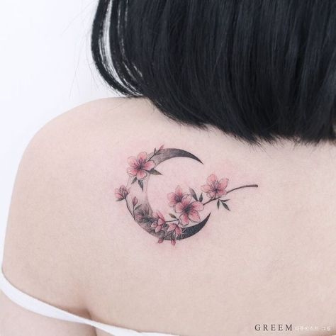 Crescent Tattoo, Half Moon Tattoo, Sakura Tattoo, Moon Tattoo Designs, Disney Tattoo, Tiny Tattoo, Blossom Tattoo, Cherry Blossom Tattoo, E Tattoo