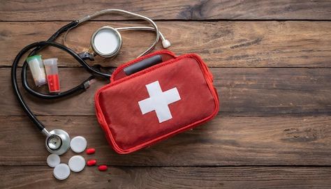 First Aid Background, Medical Kit, Aid Kit, Wood Background, First Aid Kit, First Aid, Top View, Premium Photo, Medical