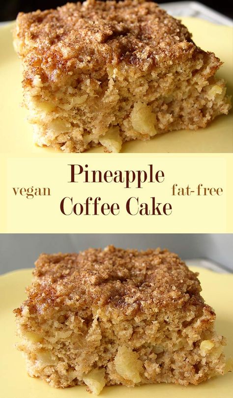 Not only is this vegan pineapple coffee cake completely free of added fats, it also uses no white flour at all and contains very little sugar. Fat Free Desserts Gallbladder, Fat Free Foods, Fat Free Desserts, Fat Free Recipes, Fat Free Vegan, Starch Solution, Sugar Diet, Vegan Cakes, Vegan Cheesecake