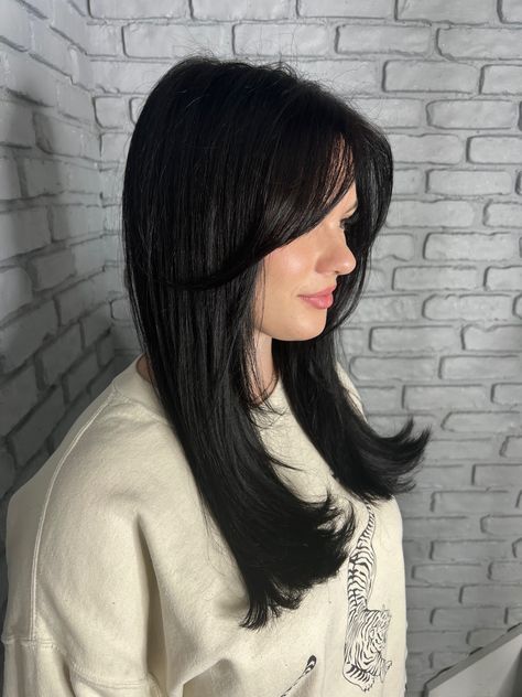 Dark hair with curtain bags for fall🍂🤍✨ Dark Brunette Hair Curtain Bangs, Long Dark Brown Hair Curtain Bangs, Straight Black Hair With Curtain Bangs, Dark Brown Hair With Side Bangs, Dark Brown Curtain Bangs, Dark Chocolate Brown Hair Curtain Bangs, Dark Hair With Fringe, Curtain Bags, Long Side Bangs