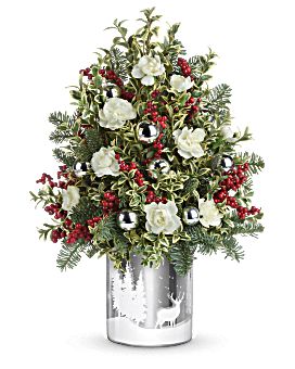 Teleflora's Snowy Wonderland Tree Bouquet - Teleflora Christmas Tree Vase, Christmas Flower Decorations, Winter Floral Arrangements, Floral Christmas Tree, Enchanted Florist, Send Flowers Online, Christmas Flower Arrangements, Online Flower Delivery, Flowers Delivery