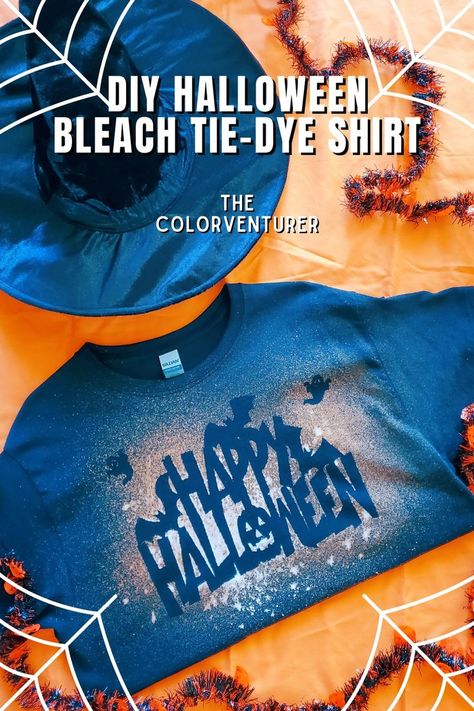 Get into the spooky spirit by DIYing a festive shirt especially for Fright Night! Using decorative signs from Dollar Tree, a black t-shirt, and bleach, this DIY Bleach Tie-Dye Halloween Shirt is a boo-tiful addition for Halloween. 

DIY Halloween Bleach Tie-Dye Shirt / Halloween outfits / Halloween costumes / Halloween fashion / Halloween fashion / DIY / bleach tie-dye reverse - Tie-dye / Halloween shirts / Halloween DIY / Halloween crafts Fall Bleached Shirts Diy, Bleach Dye Stencil, Tie Dye On Black Shirts, Bleach Tie Dye With Stencil, Reverse Tie Dye Halloween Shirts Diy, Dollar Tree Bleach Shirt Halloween, Bleach Splatter Shirt Diy How To, Diy Bleach Dye Shirt, Bleach Tie Died Tshirts