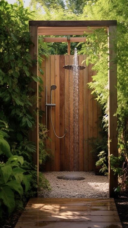 Summer House Exterior Ideas, Shower Outside, Outside Spa Ideas Backyards, Outdoor Shower Cabin, Sauna Inspiration, Bath Outside, Shower In Garden, Outdoor Showers Cottage Cabin, Exterior Bathroom Ideas