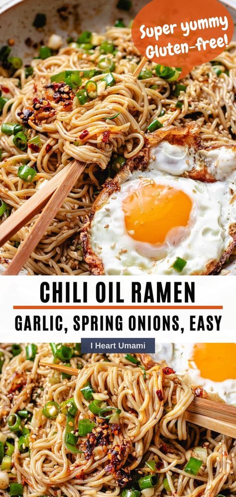 Chili oil ramen with homemade chili garlic oil is tasty, easy to make, and ready in 10 mins.! Extra garlicky with gluten-free ramen noodles. #ramen #chilioilramen #chiliramen #ramenrecipes #glutenfreerecipes #noodles #easymeals Rice Noodle Ramen, Chili Oil Ramen, Healthy Asian Dinner Recipes, Gluten Free Ramen Noodles, Garlic Chili Sauce, Umami Recipes, Asian Entrees, Gluten Free Ramen, Gluten Free Asian Recipes