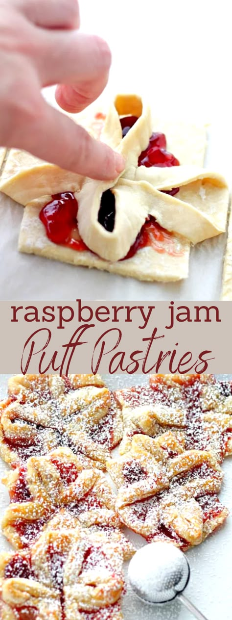 Raspberry Jam Puff Pastry Hearts, Puff Pastry Recipes Dessert Raspberry, Raspberry Jam Pastry, Puff Pastry Dessert Raspberry, Raspberry Puff Pastry Recipes, Easy Christmas Pastries, Christmas Morning Pastries, Puff Pastry Jam Tarts, Raspberry Christmas Desserts