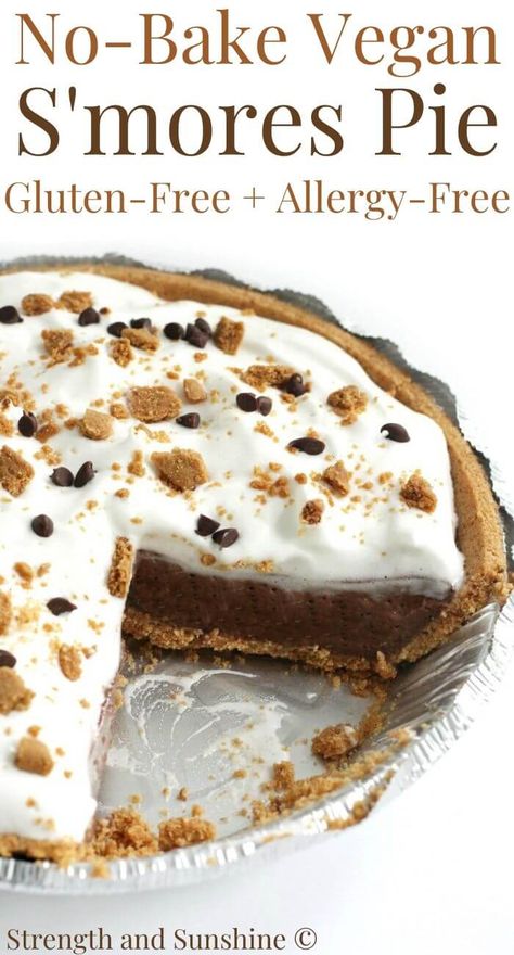 No-Bake Vegan S'mores Pie (Gluten-Free, Allergy-Free) | Strength and Sunshine | This easy no-bake Vegan S'mores Pie is made with a gluten-free graham cracker crust, a rich dairy-free chocolate pudding, and topped with homemade marshmallow fluff! This allergy-free, low sugar, & kid-friendly summer dessert recipe is the way to have your s'more without the campfire! #smores #smorespie #nobakedessert #puddingpie #nobakepie #vegansmores #glutenfreesmores #chocolatedessert #summerrecipes Gluten Free Graham Cracker Crust, Gluten Free Smores, Vegan Smores, Dairy Free Pies, Homemade Marshmallow Fluff, Campfire Smores, Smores Pie, Gluten Free Graham Crackers, Pinterest Food