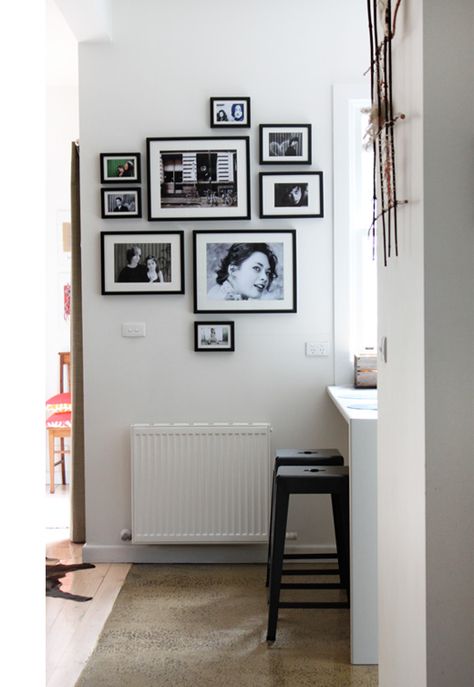 I really like the configuration of these pictures. Novogratz Design, Small Gallery Wall, White Hallway, Picture Arrangements, Holly House, Photo Arrangement, House Family, Melbourne House, Gallery Walls