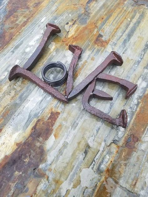 Railroad Spike Art, Metal Sculpture Artists, Railroad Spikes, The Word Love, Welding Art Projects, Art Shelves, Metal Tree Wall Art, Metal Welding, Word Love