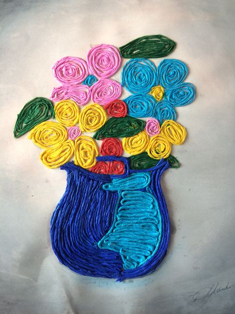 Paper Twisting Art Ideas, Paper Twisting Art, Yarn Art On Canvas, Yarn Painting Art, Drawing Pictures For Kids, Yarn Art Projects, Yarn Painting, Art Cart, Diy Crafts Paper Flowers