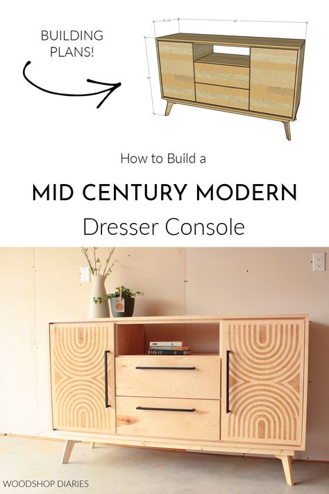 Diy Sideboard With Drawers, Mid Century Modern Dresser Diy, Midcentury Modern Furniture Diy, Build Your Own Credenza, Diy Mid Century Modern Sideboard, Build A Media Console, Mcm Diy Furniture, Diy Mid Century Modern Furniture Plans, Diy Credenza Buffet