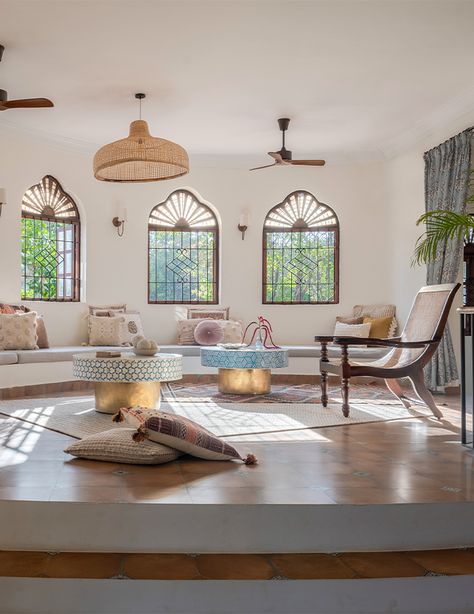 Goa Villa, Foyer Room, White Daybed, Blue Subway Tile, Half Walls, Sage Green Bedroom, Private Lounge, Cosy Spaces, Arched Doors