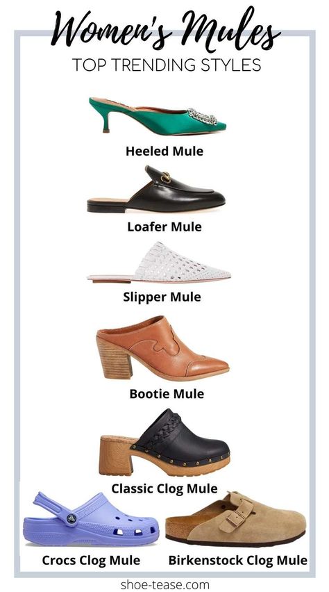 Collage of 7 different types of mules with descriptions under text reading women's mules top trending styles. Types Of Mules Shoes, How To Style Mules Heels Outfits, How To Wear Mules Outfits, Heeled Mules Outfit, Mule Flats Outfit, Mule Heels Outfit, Outfits With High Heels, Platform Mules Outfit, Mule Outfits Women