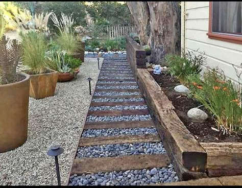 Railroad Ties Landscaping, Rock Walkway, Sleepers In Garden, Kolam Koi, Railroad Ties, River Rock Landscaping, Front Garden Landscape, Garden Pathway, Garden Edging